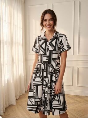 Karl Lagerfeld Paris Bold‎ Geometric Midi Shirt Dress, Black & White, Size 6